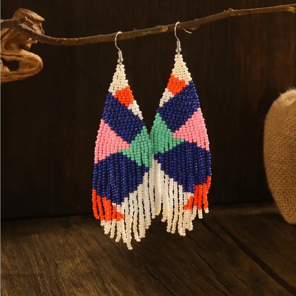 Multi Colored Beaded Tassel Drop Earrings